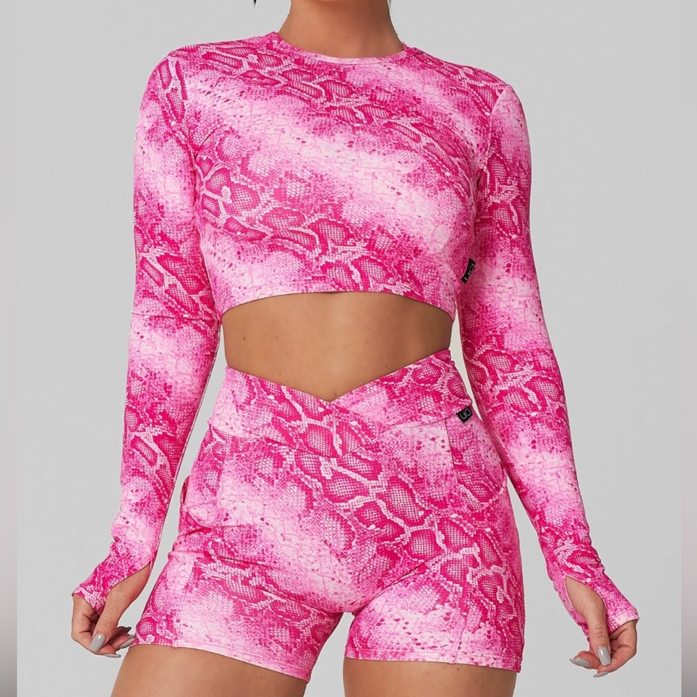Pink Snake Print Long Sleeve Crop Top
